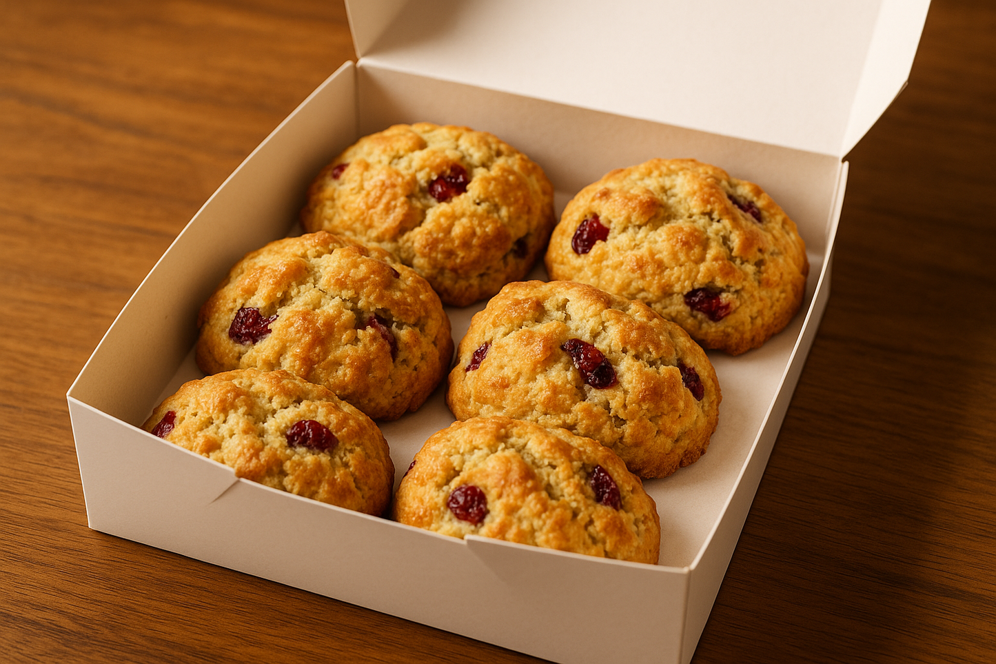 05 scones de cramberry em uma caixa pra entrega numa mesa
