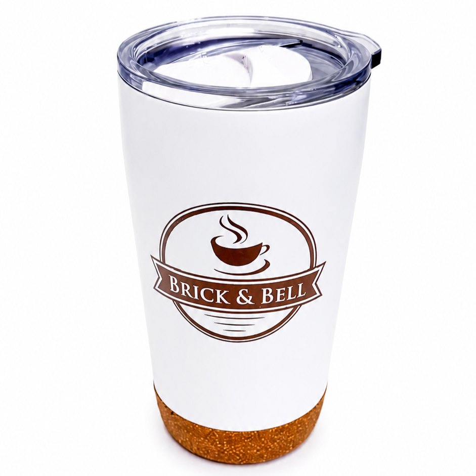 Brick & Bell Insulated Coffee Tumbler 16 oz - Stainless Steel, Cork Base