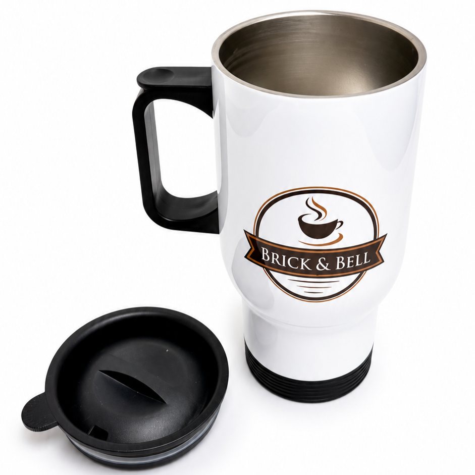 Brick & Bell 12 oz Insulated Travel Mug with Handle - Stainless Steel, Sliding Lid