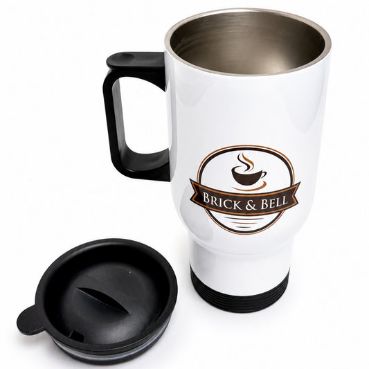 Brick & Bell 12 oz Insulated Travel Mug with Handle - Stainless Steel, Sliding Lid